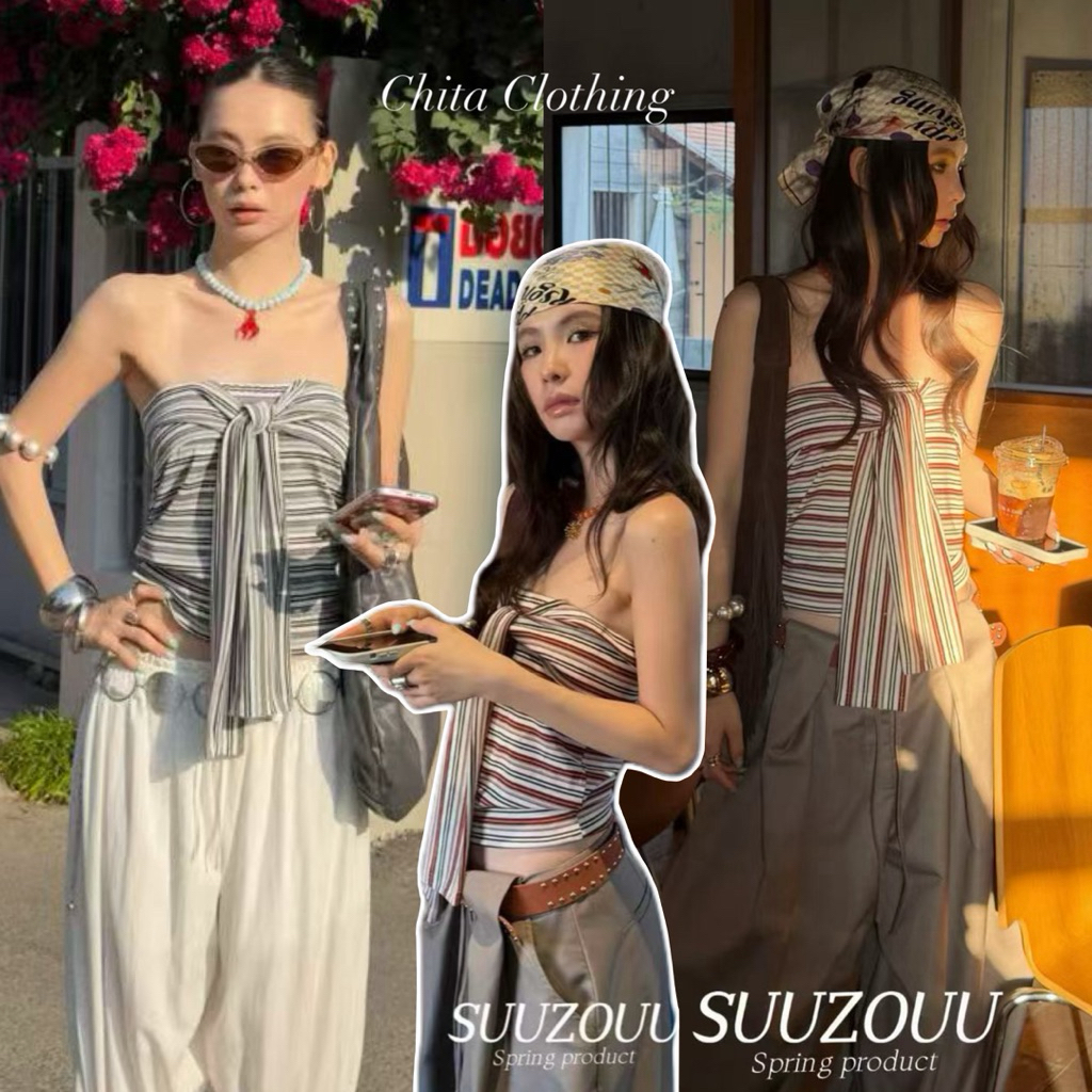 📍พร้อมส่ง เทา📍SU168 เสื้อเกาะอกมีผ้าผูกอก ผ้ายืดได้เยอะ ลายริ้ว ใส่สบาย งานน่ารัก Tag MM Fish🇰🇷🇰🇷