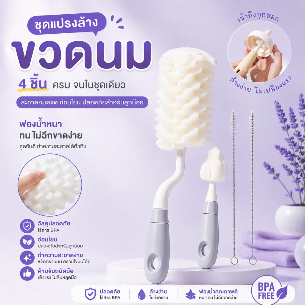 ชุดแปรงล้างขวดนมขนาดพกพา แปรงล้างขวดนมหมุน360พรีเมียม 4in1พร้อมที่แขวน จัดเก็บสะดวก อุปกรณ์ดูแลขวดนม