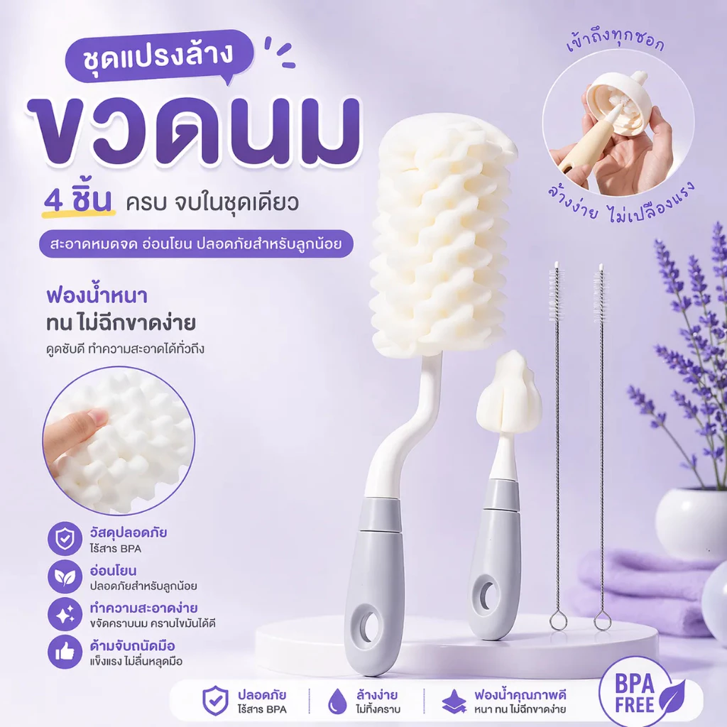 ชุดแปรงล้างขวดนมขนาดพกพา แปรงล้างขวดนมหมุน360พรีเมียม 4in1พร้อมที่แขวน จัดเก็บสะดวก อุปกรณ์ดูแลขวดนม