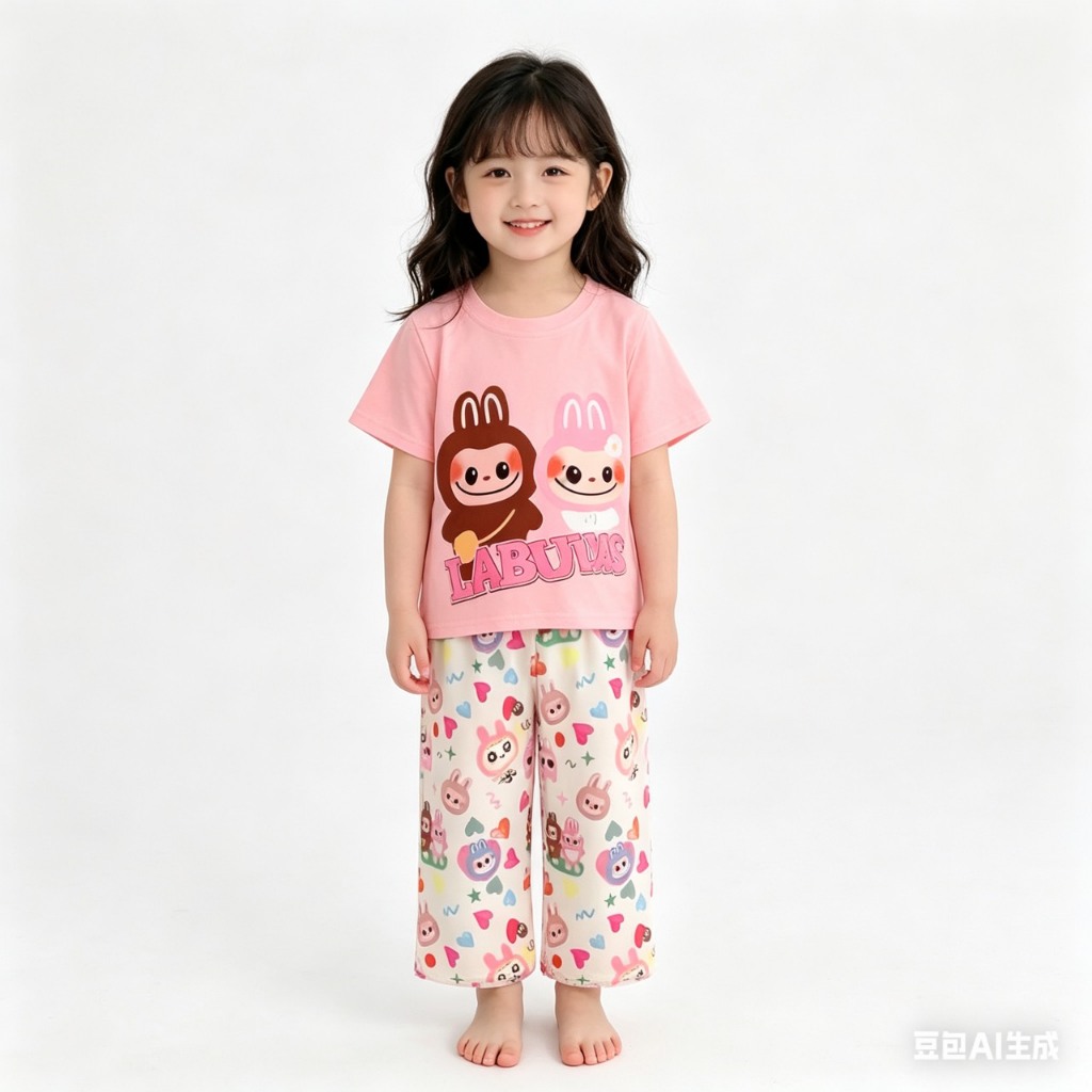 BB040 ชุดเซ็ตลูกสาว เสื้อสีชมพู+กางเกงขายาว พิมพ์ลายน้องลาบูบู้