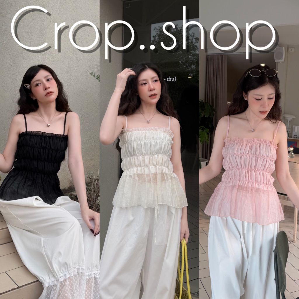 crop..shop เสื้อสายเดี่ยว น่ารักลมุนมาก สม็อคเก๋ ปล่อยชายระบาย พริ้วสวย สวยใสสุดๆจ้า