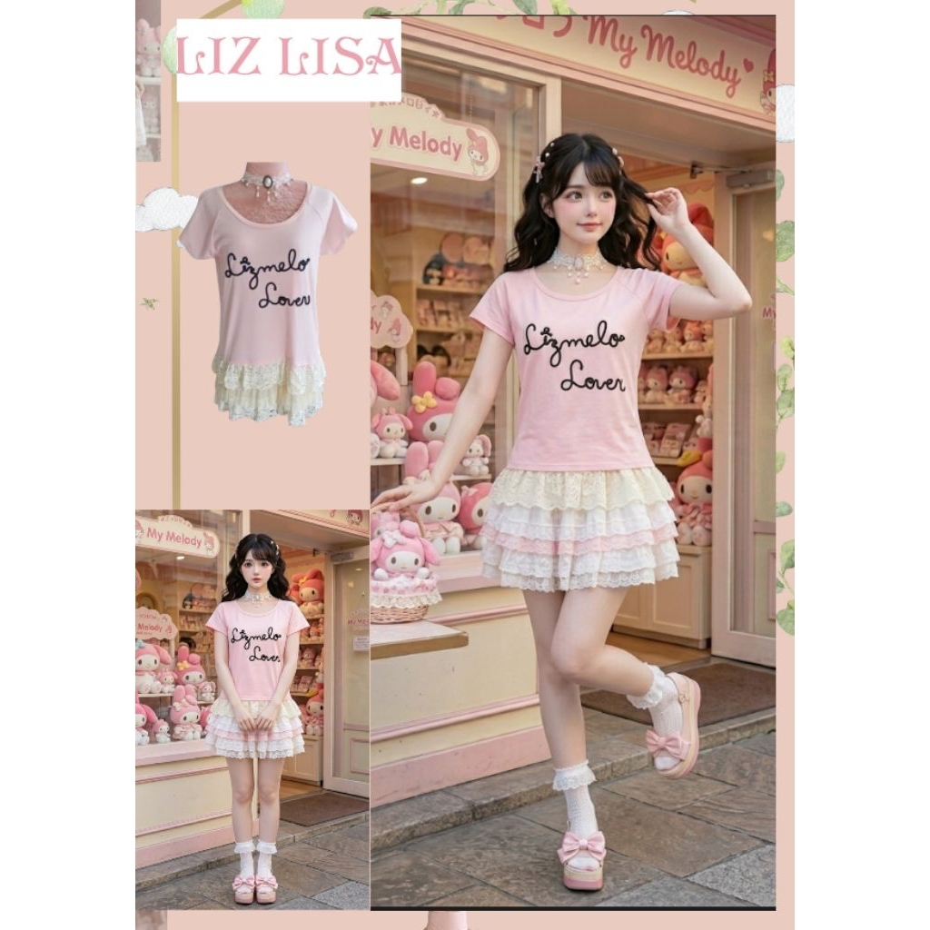 เดรสแต่งระบายลูกไม้ แบรนด์ Lizlisa X Mymelody (Lizmelo) มือ 1 ของใหม่ สีชมพูปักลาย😘💕แบรนด์ญี่ปุ่น 🇯🇵