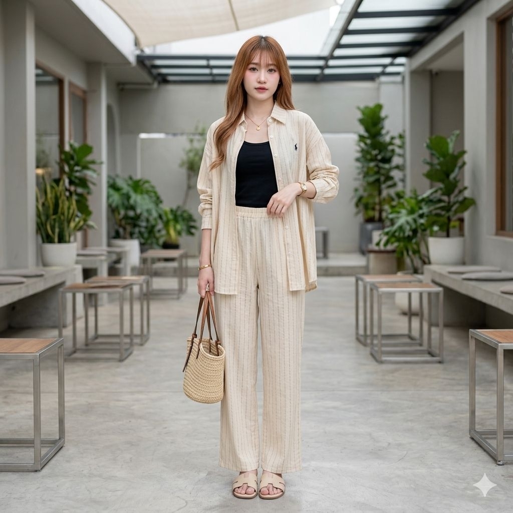 ชุดꔛ ꕤ ˚Set ผ้าฝ้าย 100% ลายทางลง หน้าร้อนผ้าแบบนี้คือใส่สบายสุด ๆ เลย ใส่ทำงานได้ สีสุภาพ เอวสมอค เสื้อเชิ๊ต ปัก POLO