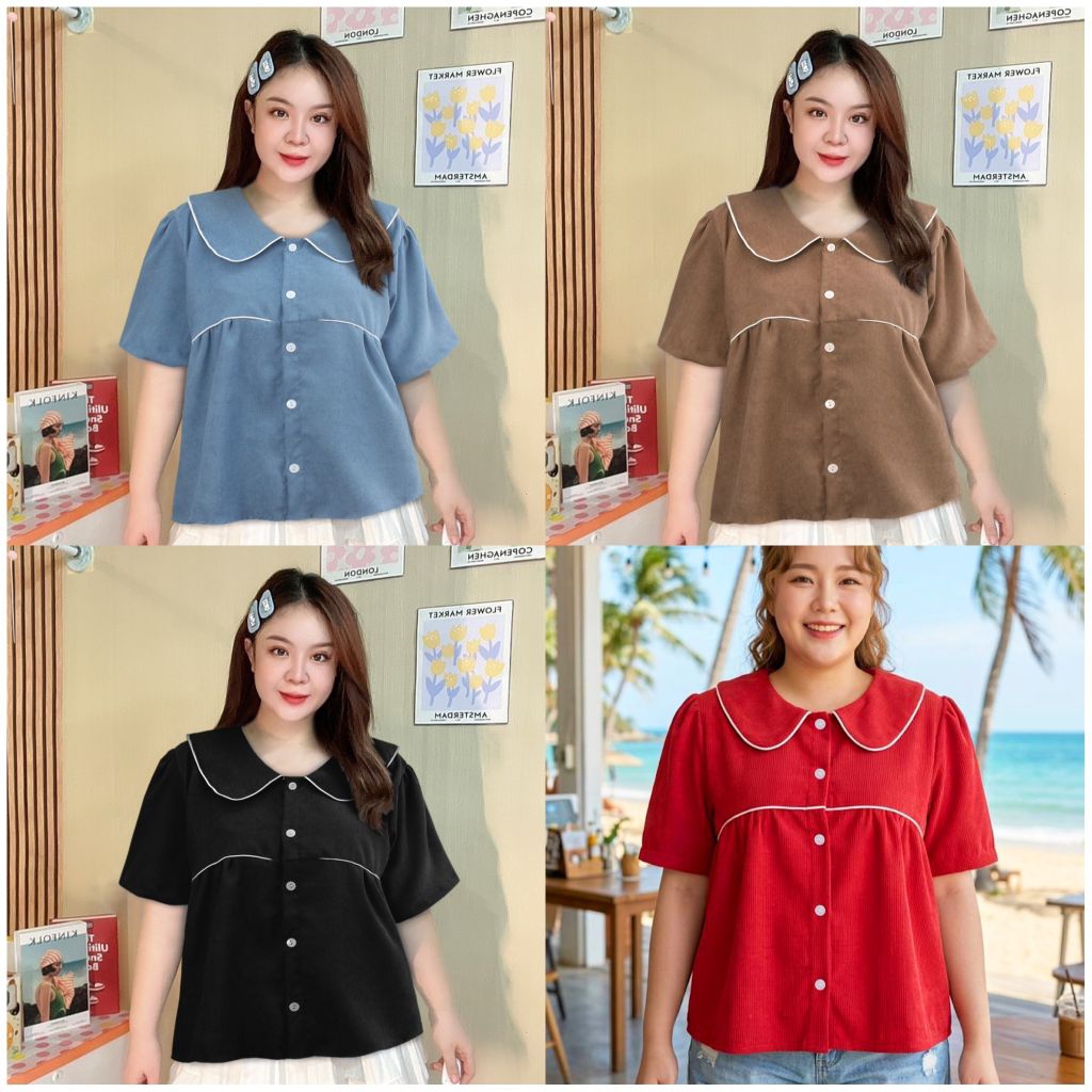 เสื้อคอบัวแต่งกุ้นผ้าลูกฟูกเนื้อสวยใส่ไม่ร้อน อกแต่งกุ้นเพิ่มความน่ารักงาน กระดุมใช้งานได้จริง รอบอก 42-50 นิ้ว