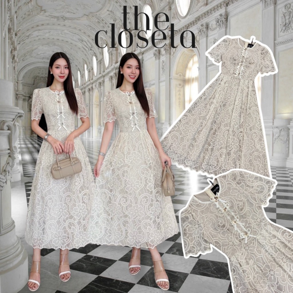 THE CLOSETA : (พร้อมส่ง) LV240 เดรสออกงานผ้าลูกไม้แขนสั้นแต่งโบว์ช่วงอก
