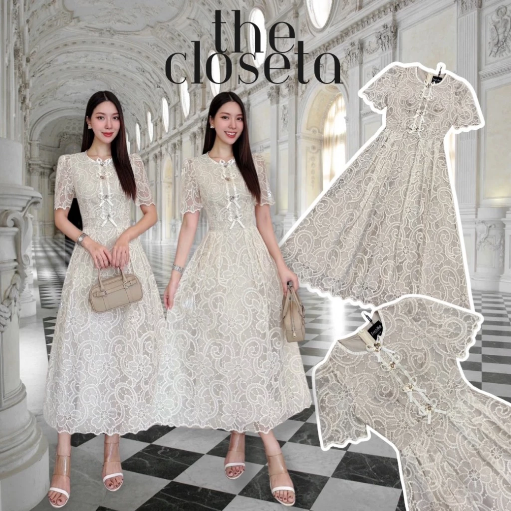 THE CLOSETA : LV240 เดรสออกงานผ้าลูกไม้แขนสั้นแต่งโบว์ช่วงอก