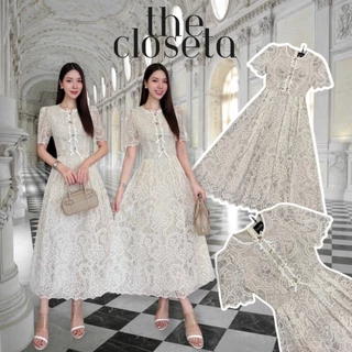 THE CLOSETA : LV240 เดรสออกงานผ้าลูกไม้แขนสั้นแต่งโบว์ช่วงอก