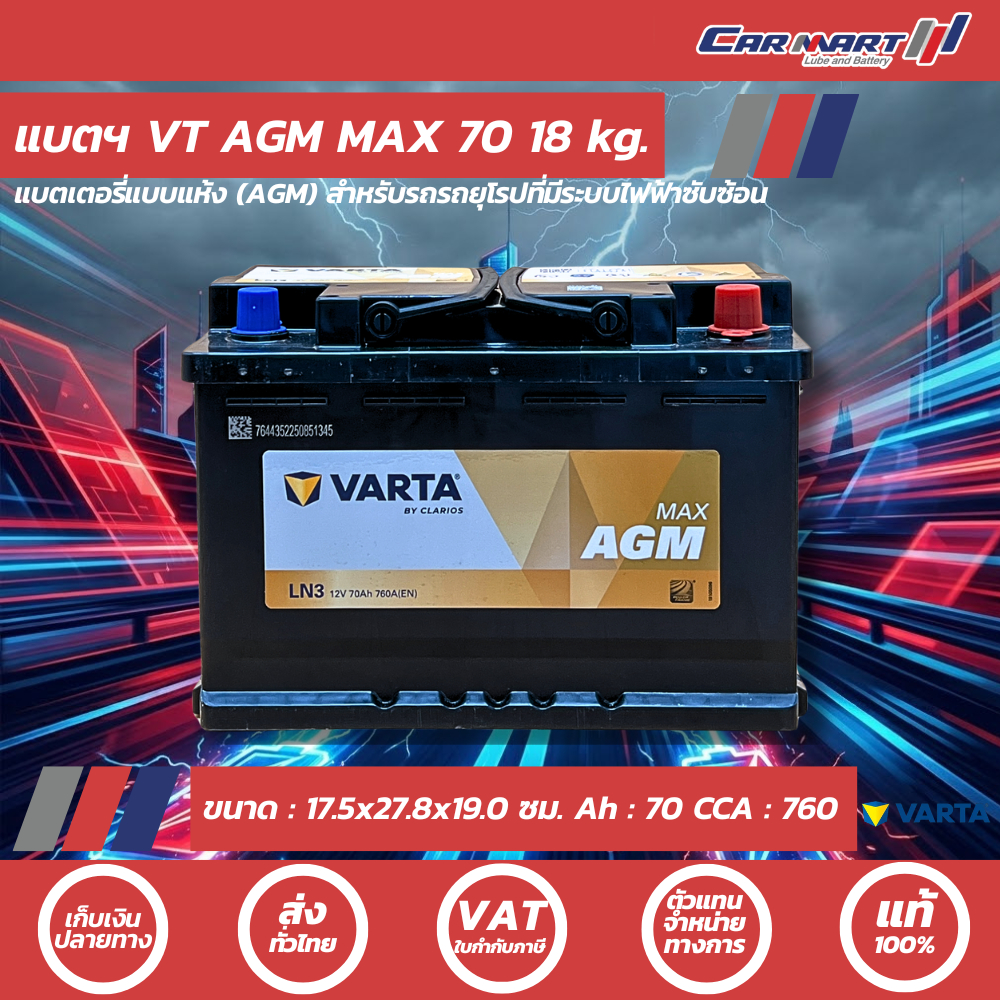 แท้ 100% แบตเตอรี่รถยนต์ VARTA AGM MAX 70 Ah-80 Ah พร้อมใช้ แกะกล่องใช้งานได้ทันที