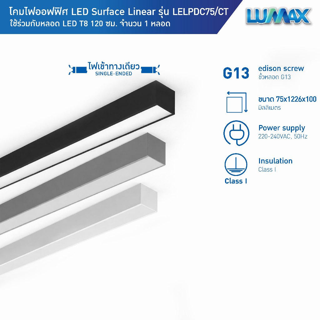 โคมไฟเพื่อสำนักงาน ชุดโคมลอย LED LUMAX ใส่หลอดไฟ 1 หลอด (แบบไฟเข้าทางเดียว)