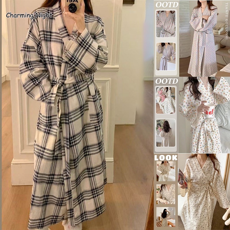 💗Charming Night💗คุณภาพสูง กระโปรงนอน เสื้อคลุมอาบน้ำสุดเก๋ ทรงหลวม แขนยาว มีขนาด M-XL สวมใส่สบาย ลวดลายการ์ตูน