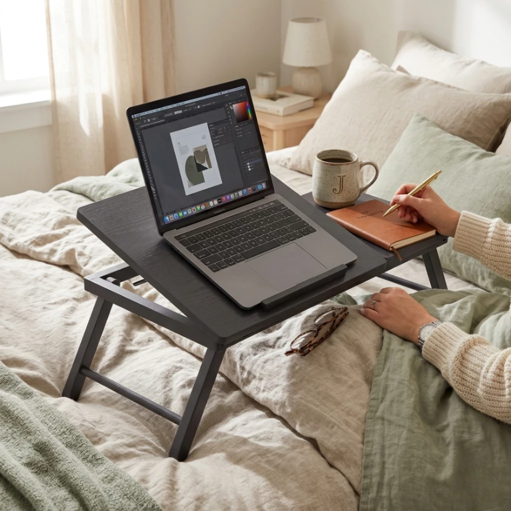 PJ Wood โต๊ะญี่ปุ่นพับได้ ไม้แท้ สไตล์มินิมอล Half-Open Rubberwood Laptop Folding Table