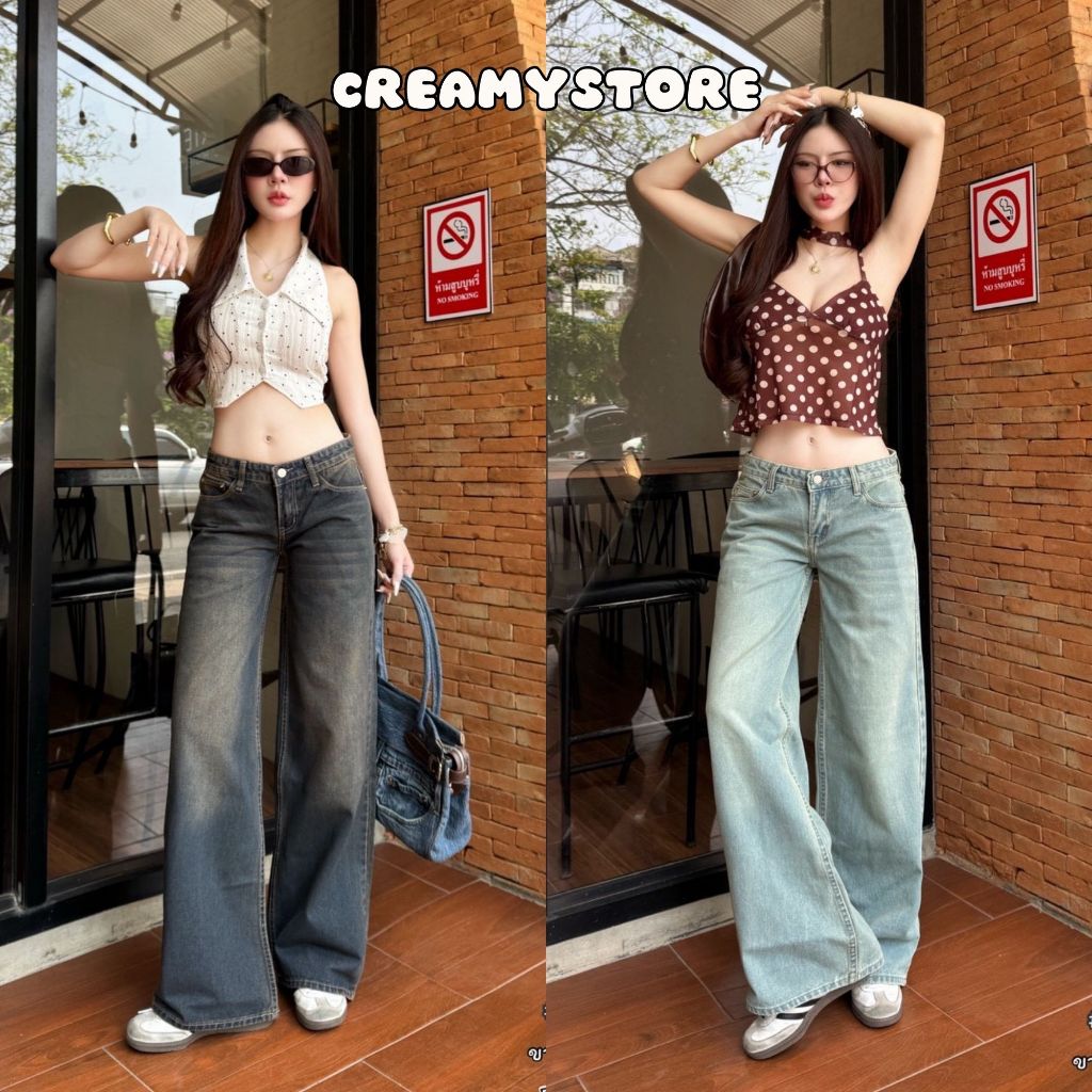 CreamyStore กางเกงยีนส์ขากระบอกเอวต่ำ ผ้าไม่ยืด ป้ายYam Jeans