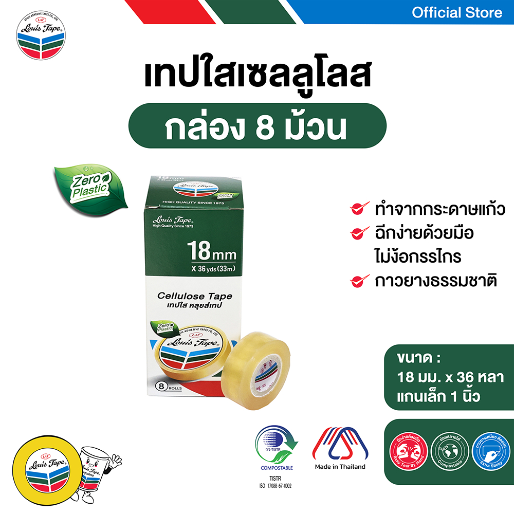 LOUIS TAPE เทปใสเซลลูโลส 18 มม. x 36 หลา แกน 1 นิ้ว (แกนเล็ก) (กล่อง 8 ม้วน) กาวยางธรรมชาติ เทปใส สก๊อตเทป