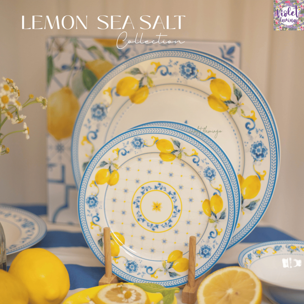 Violet Flamingo จานเซรามิครุ่น Lemon Sea Salt จานลายเลมอนสีเหลืองและฟ้า เข้าไมโครเวฟได้