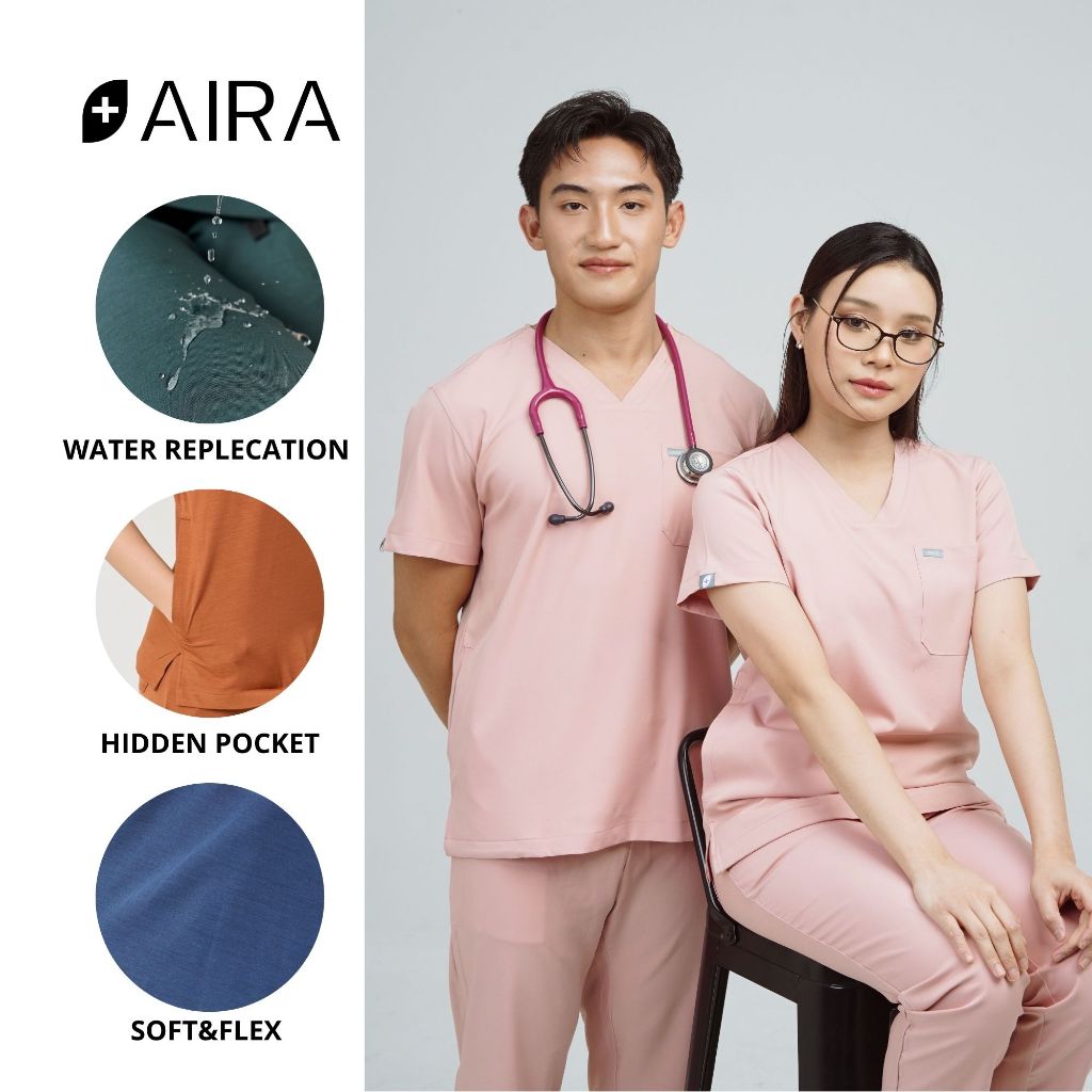 ชุดสครับ พร้อมปักชื่อ สะท้อนน้ำ Aira Scrubs สีพีช