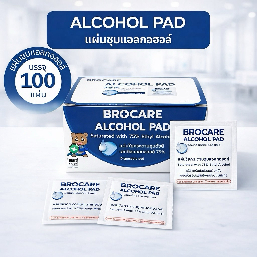 แอลกอฮอล์แผ่น Brocare alcohol 75% จำนวน 100 ชิ้น