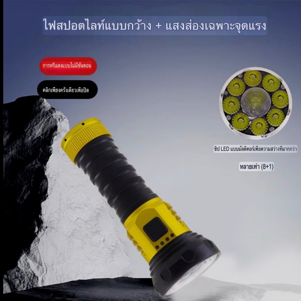 AK196-8+1ไฟฉาย LED แรงสูง ความสว่าง8000 ลูเมนอลูมิเนียมอัลลอยด์ ชาร์จแบบ TYPE-Cซูมไม่ได้