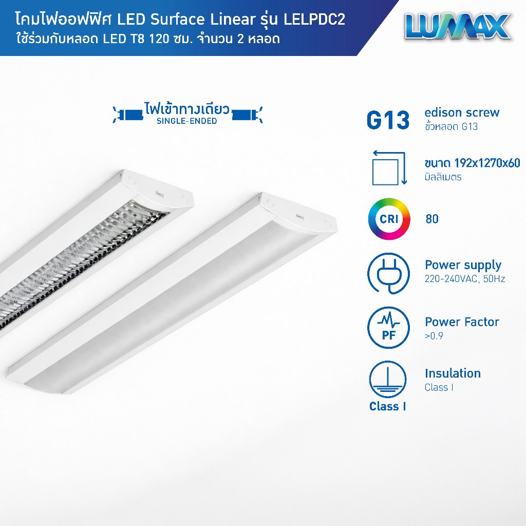 LUMAX โคมไฟติดลอย CINDY2N สำหรับหลอด LED T8 2 หลอด รุ่น LELPDC2  (ใช้กับหลอดไฟเข้าทางเดียว)