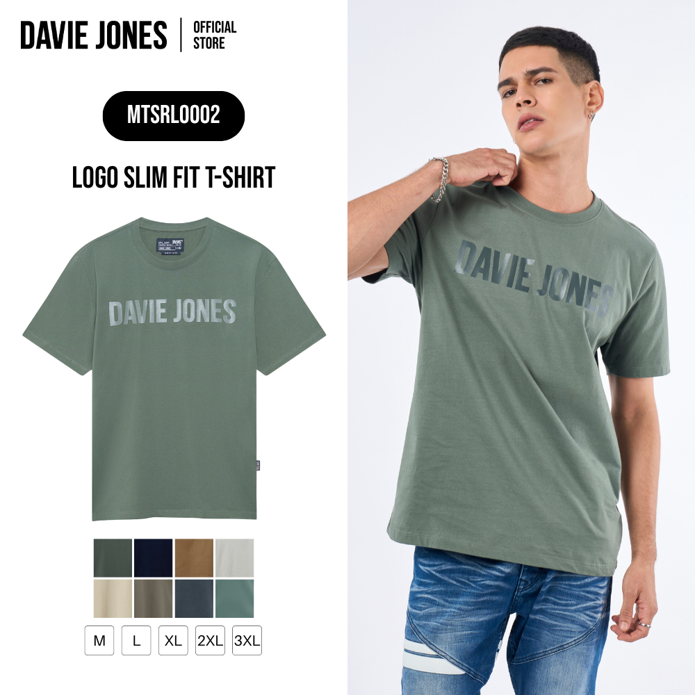 DAVIE JONES [BE FEARLESS] เสื้อยืด Logo Slim Fit T-Shirt สีเขียว กรม น้ำตาล ครีม กากี เขียวขี้ม้า เทา เขียวอมเทา RL0002