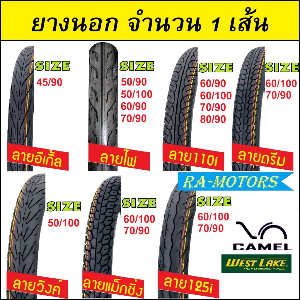 ยางนอก 1 เส้น หลายลาย หลายขนาด หลายยี่ห้อ ( ยางนอกขอบ17 ยางนอกรถมอไซค์ ลาย อีเกิ็ล,วิงค์,ไฟ,แม็กซิ่ง ลาย110i,125i,ดรีม )
