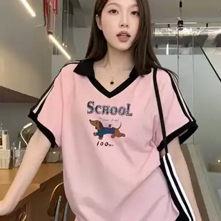 เสื้อปกทรงสเก็ตสวยๆผู้หญิงแฟชั่นมาใหม่ oversize เสื้อผ้าสาวอวบไซส์ใหญ่น่ารัก เสื้อยืดคอวีทรงหลวมสไตล์เกาหลี preppy style