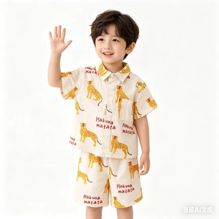MC034 ชุดเซ็ต เสื้อเชิ้ตแขนสั้น + กางเกงขาสั้น พิมพ์ลายเสื้อ แฟชั่นฤดูร้อน สําหรับเด็กผู้ชาย Songkran