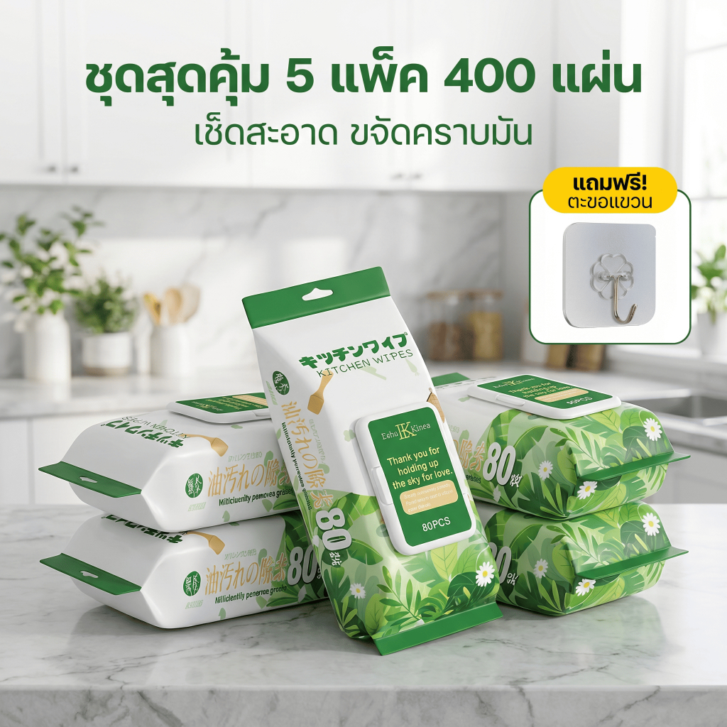 ทิชชู่เปียกครัว 5 แพ็ค รวม 400 แผ่น 1 แพ็ค 80 แผ่น แถมฟรีตะขอแขวน ล้างคราบมันเร็ว แขวนได้ อ่อนโยนไม่ทำลายมือ