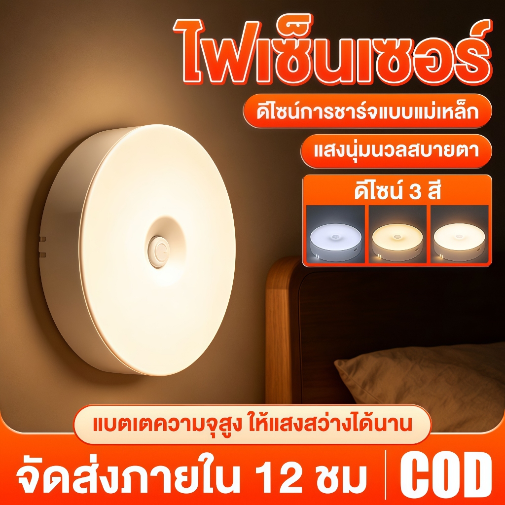 CHKAN โคมไฟหัวเตียง ไฟติดห้องนอน LED ไฟติดผนังไร้สาย ไฟอ่านหนังสือ ปรับได้ 3 สี ชาร์จผ่านUSB
