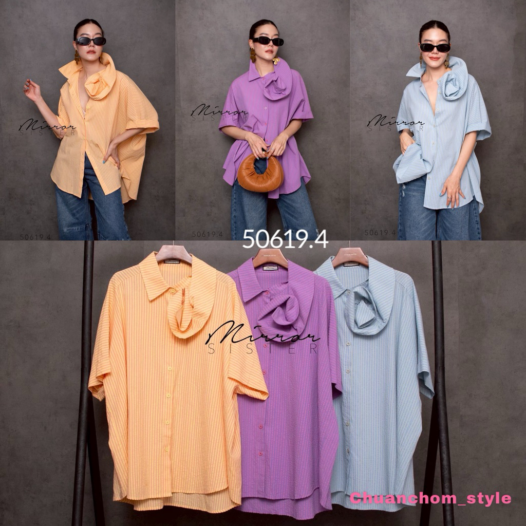 🔖Mirrorsister 50619.4 เสื้อเชิ้ตแขนสั้นทรงโอเวอร์ไซส์ คอปกพับรูปดอกไม้ ลายริ้วเล็กๆ ใส่สบาย