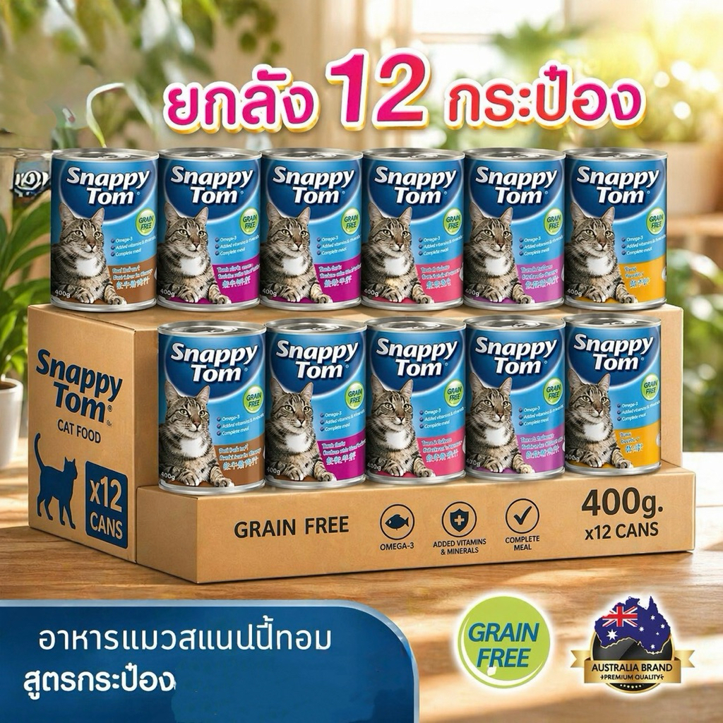 ยกลัง 12 กระป๋อง Snappy Tom อาหารแมว ขนาด 400g. ทำจากวัตถุดิบจากธรรมชาติ ไม่ใส่สารเติมแต่ง