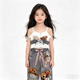 BB247 ชุดเด็กผู้หญิง เสื้อสายเดี่ยวแต่งระบาย+กางเกงขายาวลายหมี น่ารักหวานๆ
