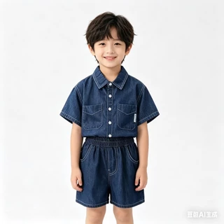 BB248 ชุดเซ็ตเด็กผู้ชาย เสื้อเชิ้ตยีนส์แขนสั้น+กางเกงขาสั้น ลุคเท่ ใส่สบาย