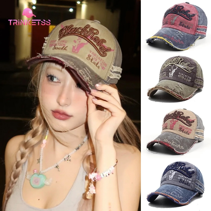 Trinketss🚚หมวกเบสบอลผู้ชายผู้หญิง สไตล์วินเทจ ปักBlackRebel ทำลายสไตล์ หมวกกันแดด ปรับขนาดได้ 4สี