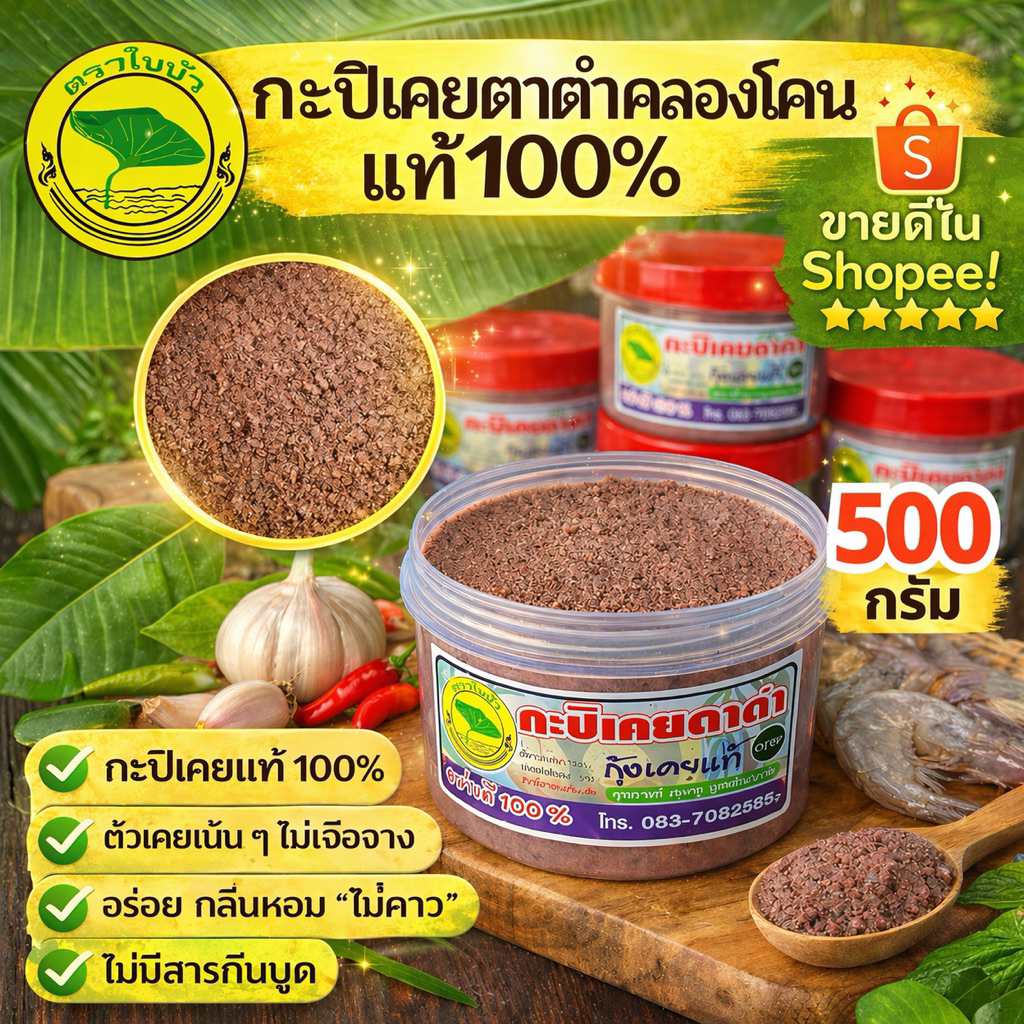 กะปิคลองโคนแท้ 100% ทำจากเคยตาดำ ไม่มีสารเคมี ธรรมชาติแท้ สด สะอาด ปราศจากสารกันบูดปริมาณ 500 กรัม พร้อมส่ง