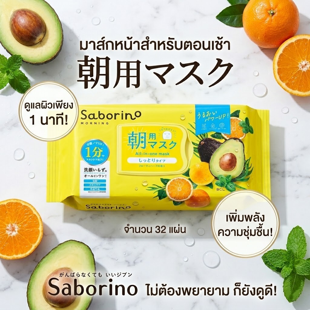[Japan] Saborino Morning Face Mask N - มาส์กหน้า 60 วินาที สูตรมาตรฐาน 3-in-1 (32 แผ่น) กลิ่น Fruity Herb ☀️🍋