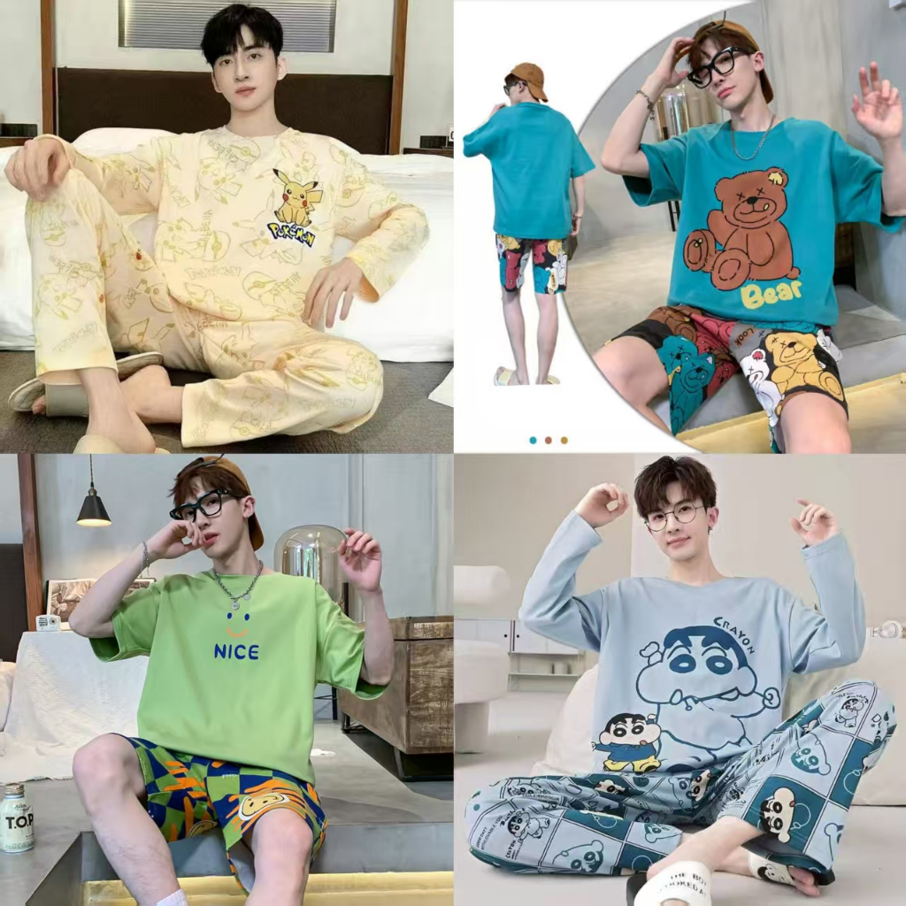 🐻M-4XL(ราคาถูกที่สุด) ชุดนอนผู้ชาย， ผ้าฝ้ายเนื้อนุ่ม， ลายการ์ตูน，หลากหลายรูปแบบ， ขาสั้น+เสื้อยืด