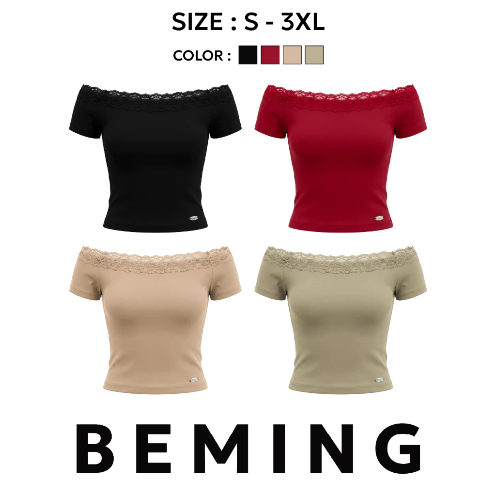 Bemingtop1174(S-3XL)-Karyi Top - เสื้อปาดไหล่ดีไซน์คอปาดแต่งลูกไม้ เพิ่มดีเทลอะไหล่โลโก้ BEMING