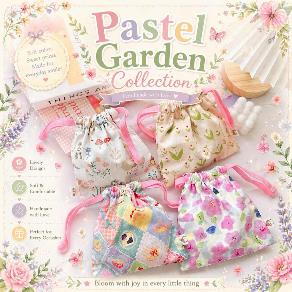 กระเป๋าผ้าหูรูด มีซับใน• BK-TIN HANDMADE• – Pastel Garden Collection