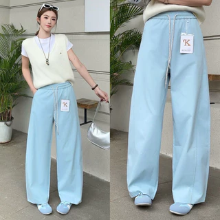 Reallyshops #52050(K) กางเกงขายาวทรงกระบอกใหญ่ เชือกหน้า เอวยางยืด ผู้หญิง