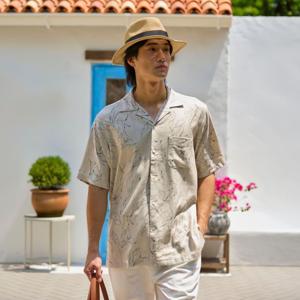 TAKEO KIKUCHI เสื้อเชิ้ตแขนสั้น FLOWER DRAWING PRINTED LINEN-MIXED SS SHIRT