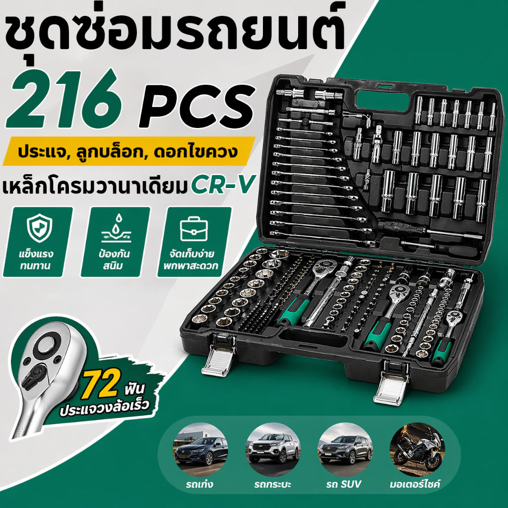 ซ็อกเก็ตประแจชุด 216ชิ้น ด้ามตรงยาง ชุดประแจบล็อค ชุดบล็อก ชุดบล็อกเครื่องมือช่าง ประแจวงล้อ พร้อมกล่องพลาส ขนาด1/4