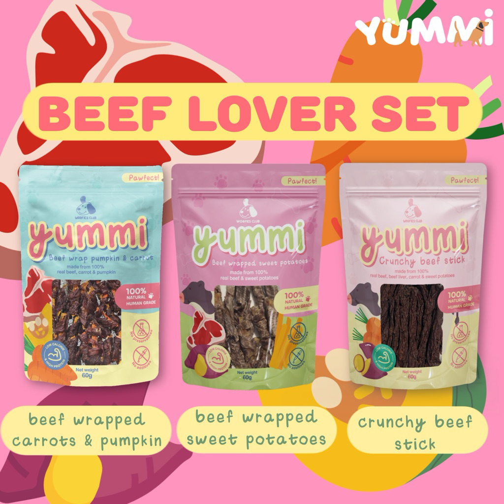 ขนมสุนัข Beef lover set Yummi เซ็ทขนมรสเนื้อวัว 3 ถุง ทำจากเนื้อสัตว์และผัก100%