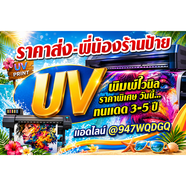 พิมพ์UV ☀️ไวนิลพิมพ์ยูวี UV Print ราคาส่ง ร้านป้าย✨  เกรดสี 3-5 ปี สีทนแดด ☄️ทนฝน🌟ความระเอียดสูง  ไวนิล สติ๊กเกอร์💡