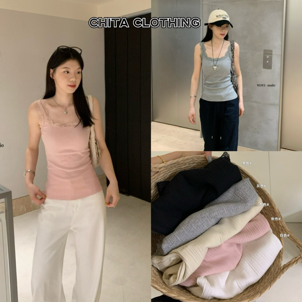 📍พร้อมส่ง📍9318# เสื้อกล้ามแต่งลูกไม้ เนื้อผ้ายืดหยุ่นได้เยอะ  TAG:WG.WE 🇰🇷