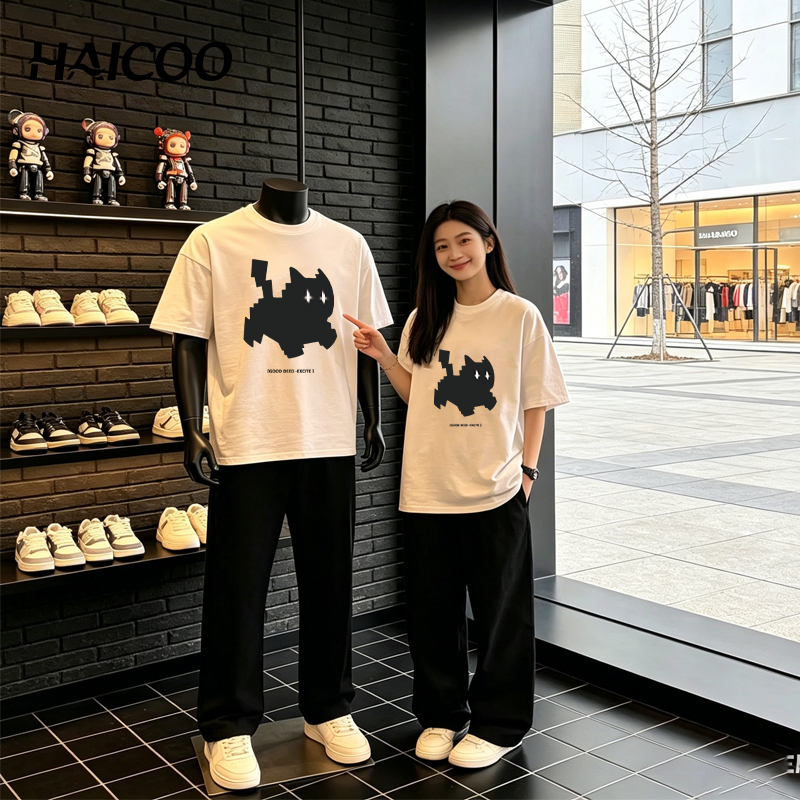 HAICOO เสื้อยืดแขนสั้นผ้าฝ้ายคอตตอนลาย รุ่นใหม่สำหรับฤดูร้อน แบบหลวมและระบายอากาศได้ดี