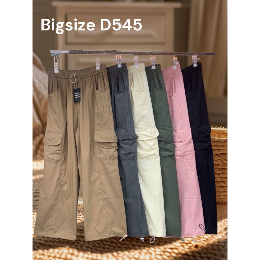 D545 กางเกงขายาว เป็นเนื้อเยลลี่ กป.บนล้วงข้าง กป.ข้างคาร์โก้ เอวยางรอบตัวมีเชือกรูด ขาใส่เชือกรูด รอบเอว 34-48 นิ้ว