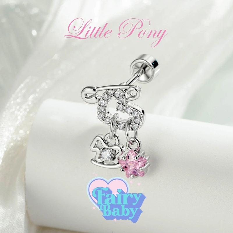Fairybaby จิว Little Pony ( 1 ชิ้น) แป้นแบน รูปหัวใจ ตุ้งติ้ง ดอกไม้ ประกายชมพู น่ารัก หนา 0.8  ยาว 6 mm (J3-192)