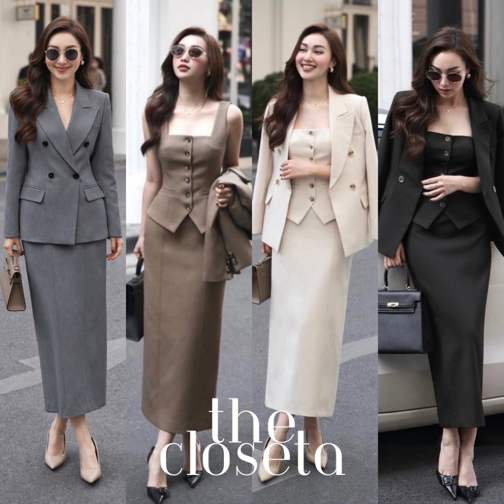 THE CLOSETA : LB425ชุดเซ็ท3ชิ้นเสื้อแขนกุดกระดุมหน้าใส่คู่กระโปรงยาวทรงสอบพร้อมเสื้อสูทแขนยาวเข้าชุด