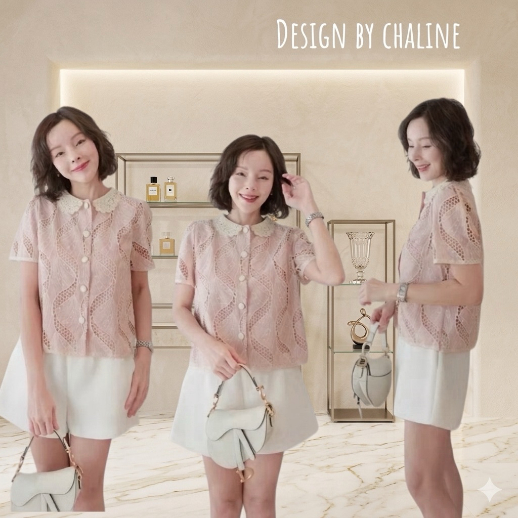 พร้อมส่ง Chaline เสื้อลูกไม้คอตตอนปักฉลุมีลายในเนื้อผ้า แต่งปกลูกไม้