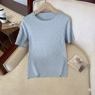 LITTLEMOM เสื้อยืดคอกลมแขนสั้นลายเปีย ถักเกลียว สำหรับผู้หญิง มี 2 ไซส์ รุ่น YUED